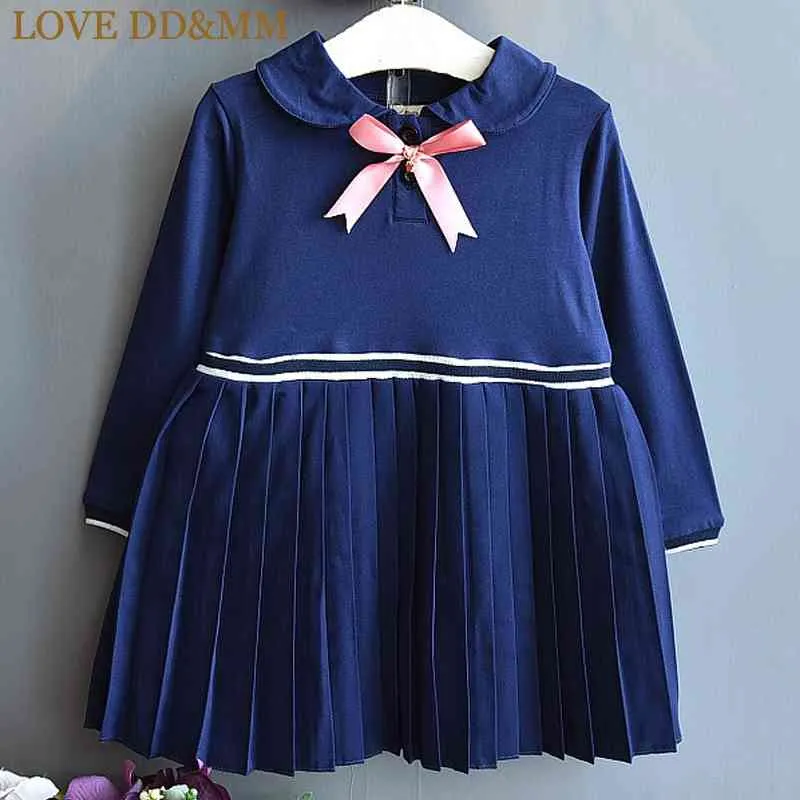 Miłość DDMM Girls Sukienki Wiosna Nosić Dzieci Dziewczyny College Plisowane Plisowane Szycia Długim Rękawem Słodka Dress 210715