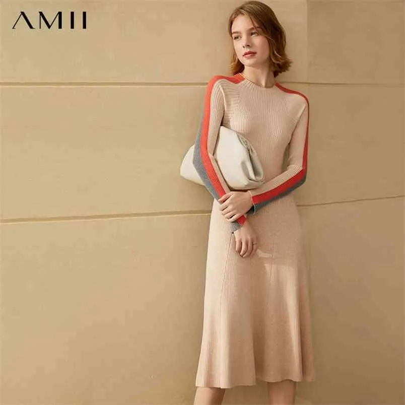 Minimalismo inverno vestido feminino moda Causal Oneeck Slim Fit Ratchawork Calf-Comprimento Sweater para as mulheres 12040441 210527