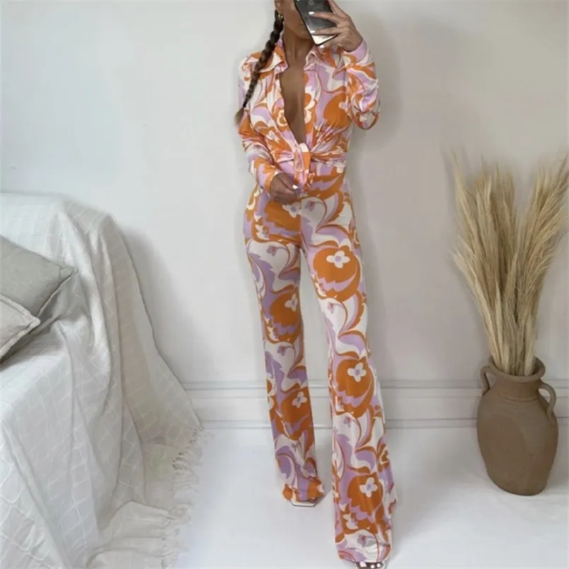 Vintage kvinna orange slim print skjorta uppsättningar våren elegant kvinnlig blomma matchande sätter damer streetwear långärmad kostymer 211007