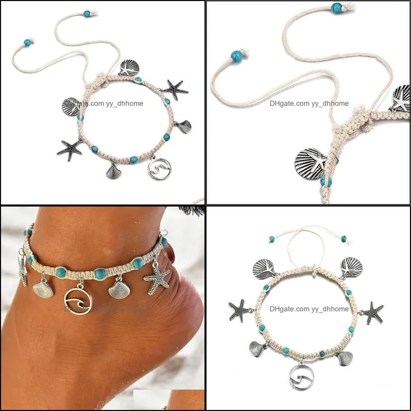 Charm Bracelets Style Starfish Beach Women`s Bracelet Anklet Shell Sea Wave Knitting Pendant Hand And Foot Accessories