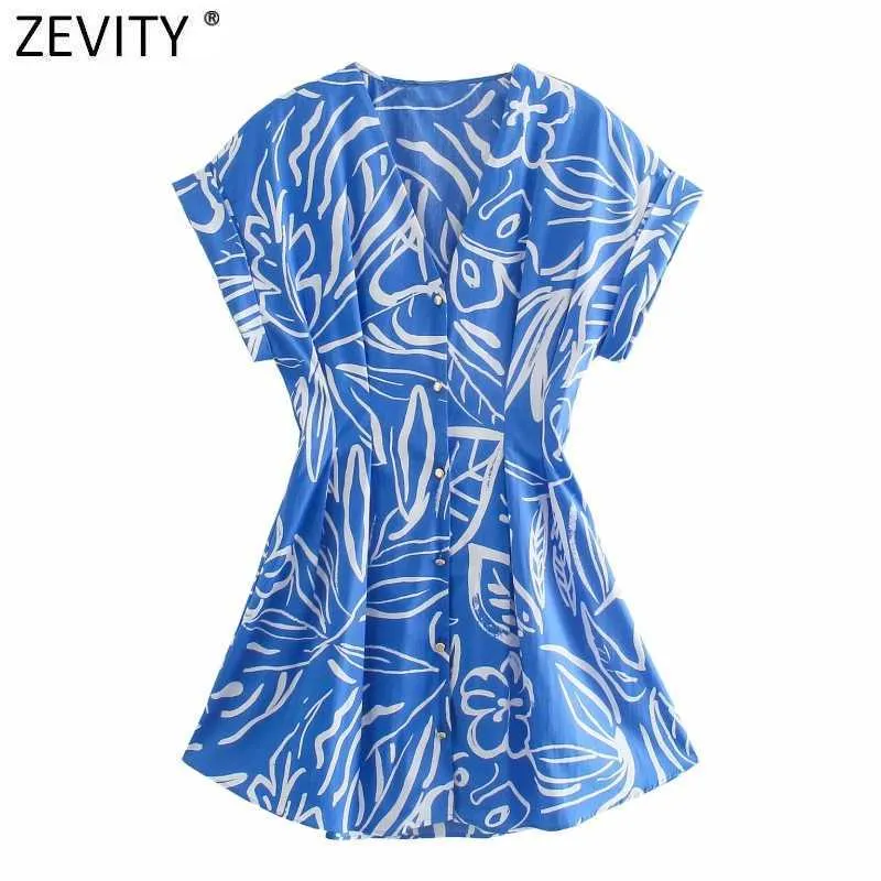 Zevity Женщины Vintage V шеи Граффити печатает печать плиссированные рубашки платье женский с коротким рукавом Blue Vestido Chic линия платья DS8388 210603