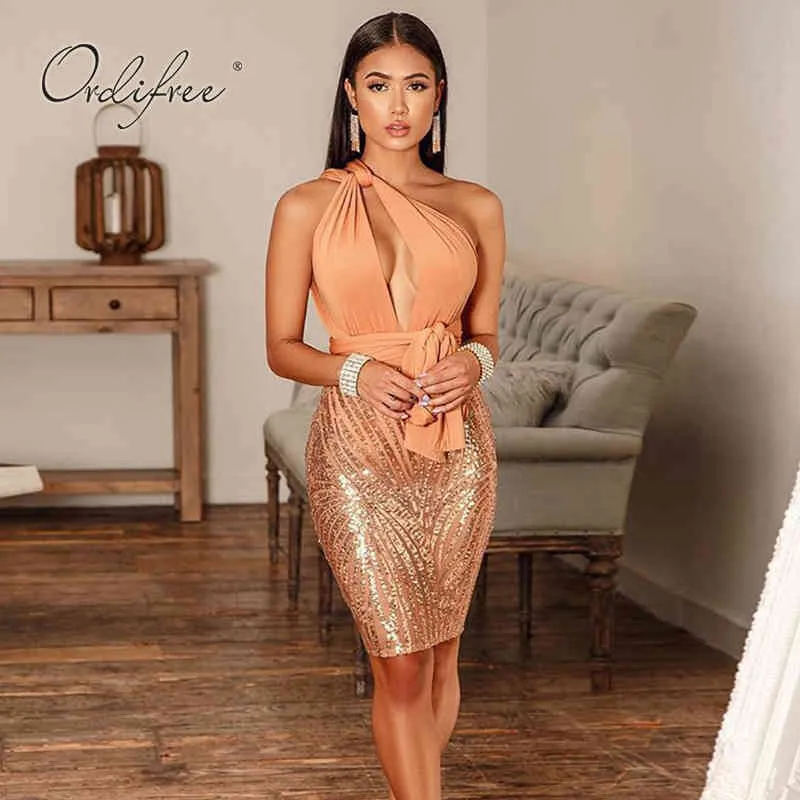 Summer Women Bandage Club Wear Party Backless Sexy Bodycon Gold Sequin Dress 210415