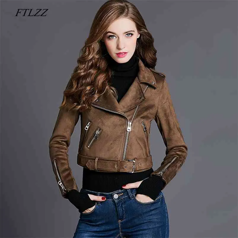 Faux Suede Women Motorcycle Jacket Coats Slim Biker Leather Red Punk Rivet Zipper Short Outerwear 210430