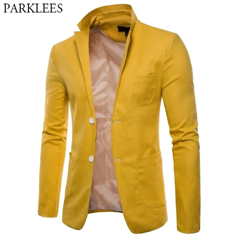 Erkek Moda Pamuk Keten Slim Fit Blazer Ceket Hafif Rahat Katı Takım Elbise Blazer Erkekler Casual Parti Düğün Blazer Masculino 210522