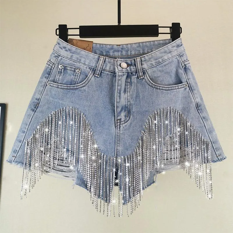 Frühling Sommer Diamant Quasten Denim Shorts Frau Alle-spiel Dünne Hohe Taille Jeans Einfarbig Fransen frauen