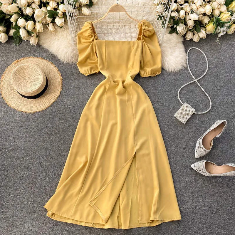 SINGREINY Korean Retro Women Dress Elegant Solid Square Collar Puff Sleeve A-line Dress Summer Sexy Split Ruched Midi Dresses 210419