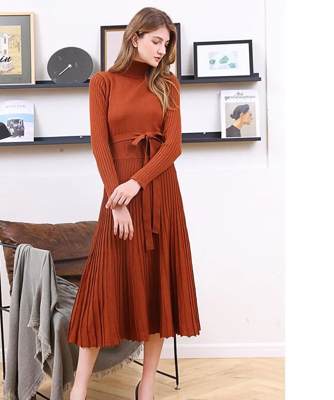 Robe pull épaisse à col roulé pour femme, tricot à manches longues, plissée élastique, tricotée chaude, automne hiver 2021