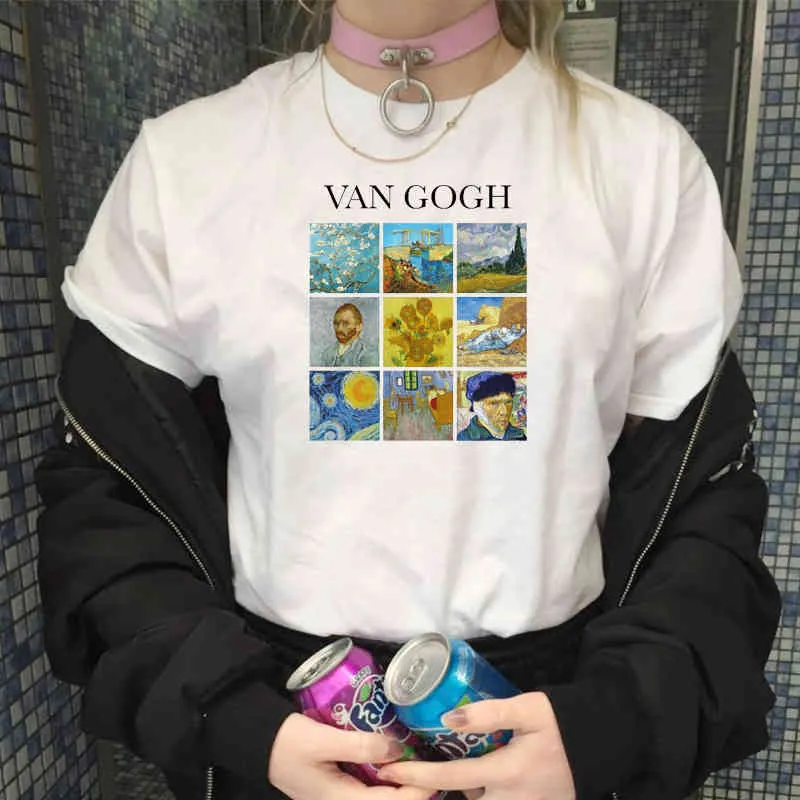 1 stks Damesmode Plus Size Tees Tops Korte Mouw Modale Casual Vrouwelijke T-shirts Wit Van Gogh Painting Gift 210518