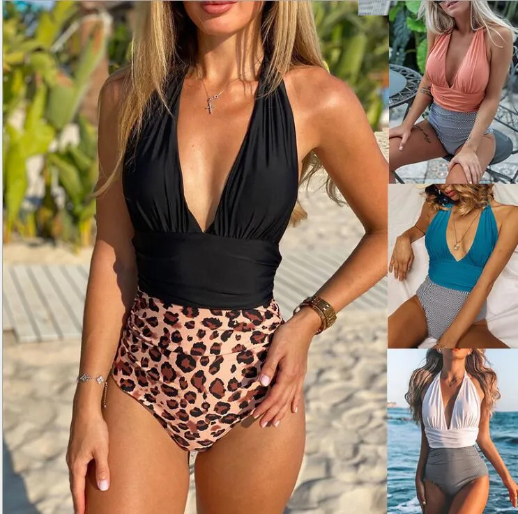 Frau sexy Badebekleidung einstückig einstückig Backless Patchwork gefaltete Frauen Bikini Leopard Druck Muster Badeanzug Sommer Strandkleidung WMQ852