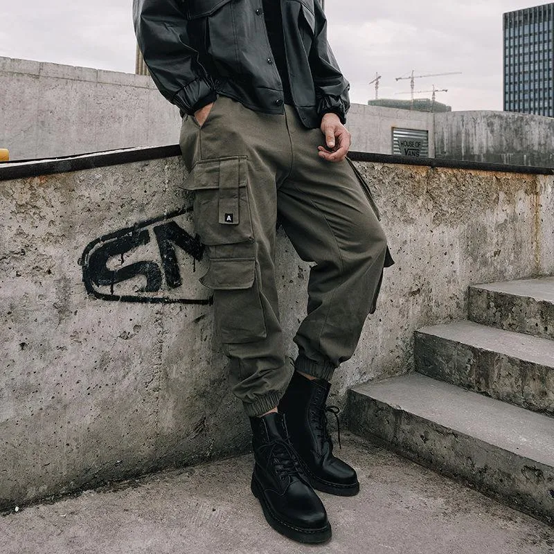 Calças masculinas homens cargas pretas para casual estilo coreano calças de algodão macho verde techwear streetwear hip hop