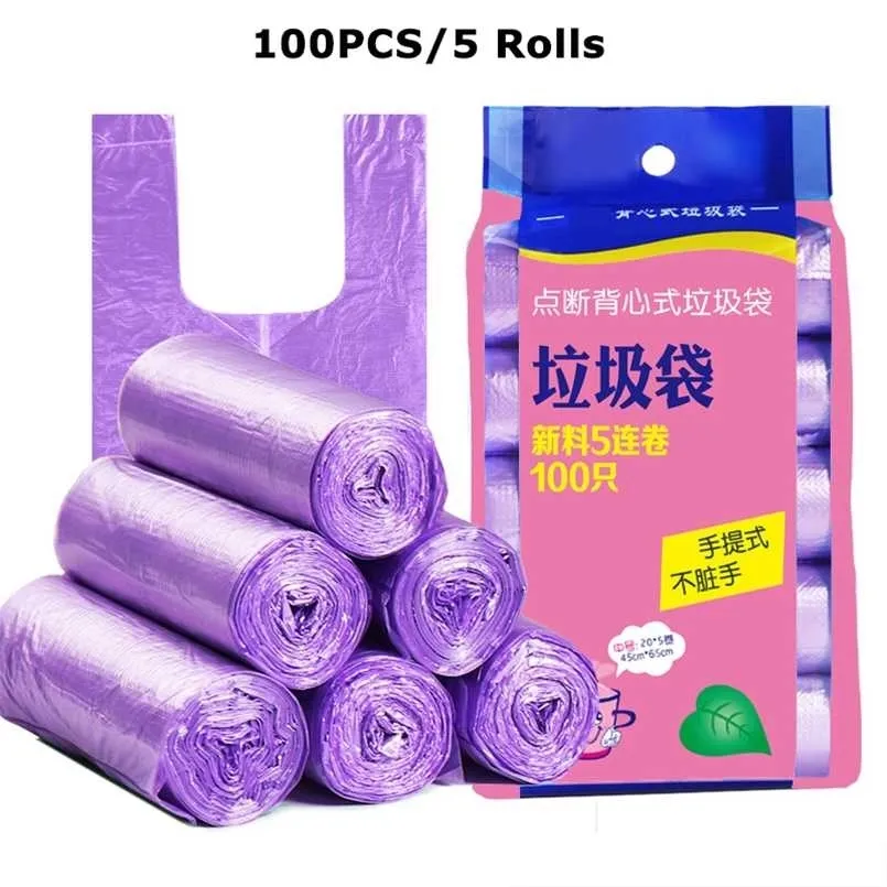 100 sztuk / 5 Rolls Czarny Purpurowy Zielony Niebieski Zagęścić Torby Na śmieci Kamizelka Stylowa Torba do przechowywania Kuchnia Kuchnia Kąpiel Water Trop Torba 45x63CM 211215