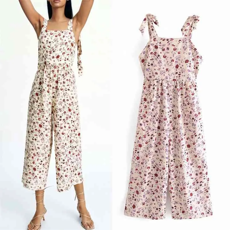 Women Vintage Print Jumpsuits Rompers Sleeveless Tank Bow Tie Female Wide Leg Playsuits Overalls Clothes 210513