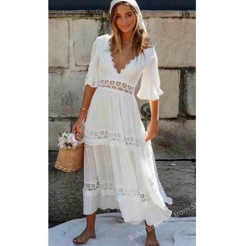 Women's Boho White Maxi Dress With Lace Panels & Tie Neck - Ruffle Sleeve Flowyt Casual Dress