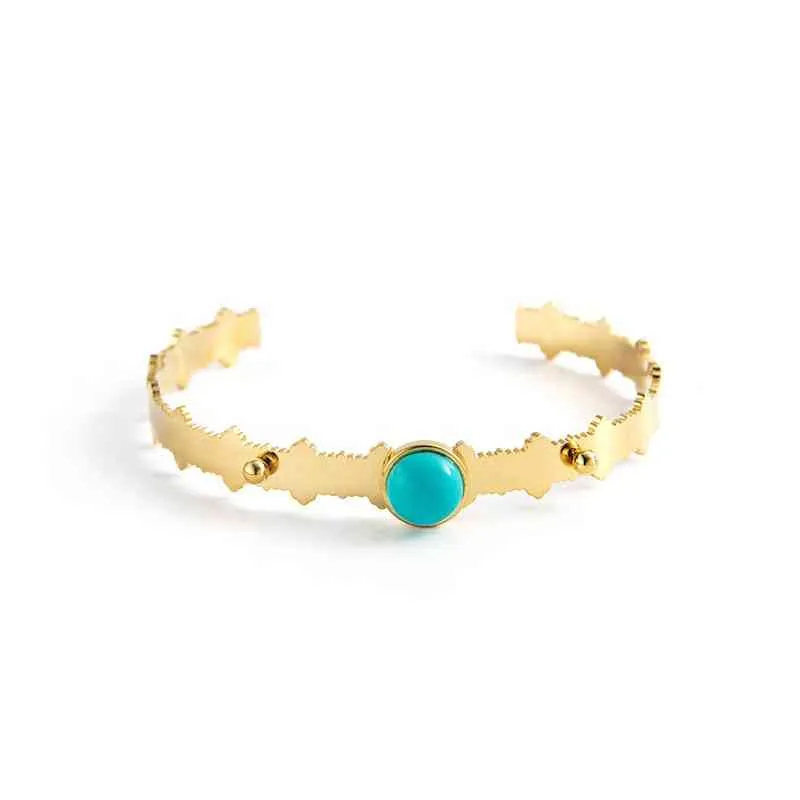 MICCI Wholale Custom 18k Gold Plated Stainls Steel Jewelry Fashion Natural Green Turquoise Stone Cuff Bangle Bracelet