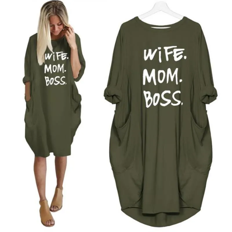 Casual Dresses 2021 Fashion T-Shirt Dress For Women Pocket WIFE MOM Letters Print Midi Female Harajuku Punk Plus Size Summer