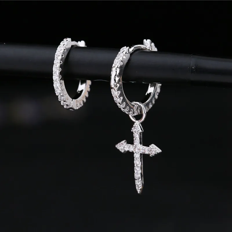 Sterling Silver Mosaic Cubic Zircon Cross Pendant Earrings For Women Asymmetric Hoop Earring S E1093