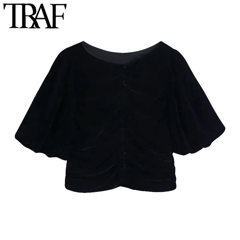 TRAF женская мода с пуговицами плиссированные бархатные подрезанные блузки винтажные V-образным вырезом в рукаве женской рубашки шикарные вершины 210415