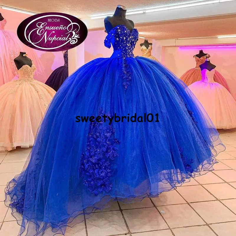 Royal Blue Quinceanera Klänningar Lace Beaded Sweet 16 Ball Gown Prom Dress Vestidos de 15 años 2021 Sweep Train