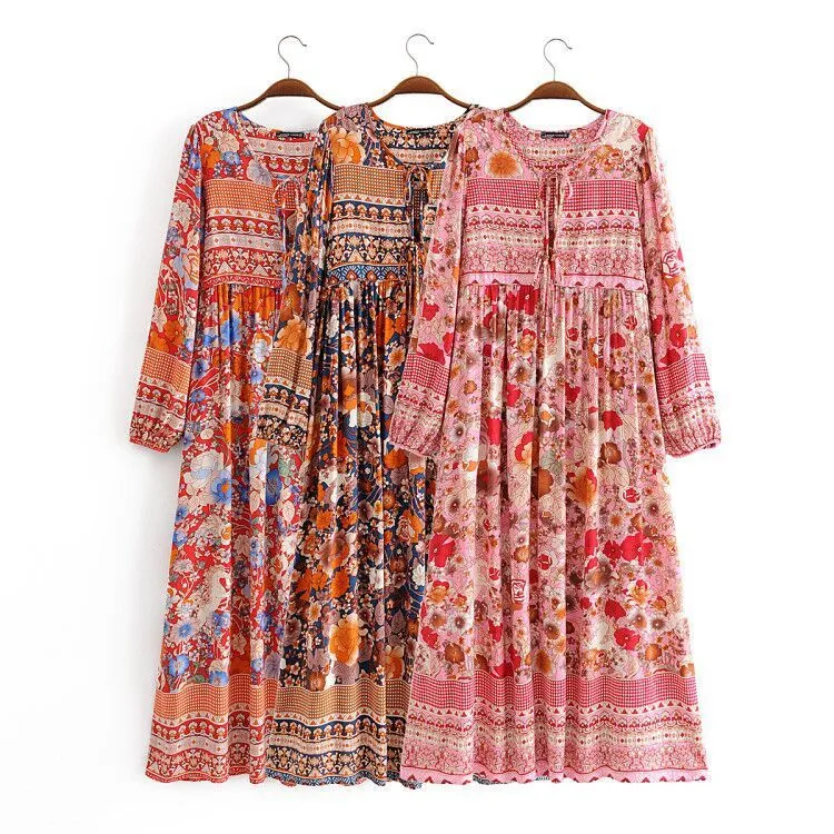 Jastie Women Casual Autumn Dress Lady Boho Style Vintage Floral Printed Cotton Dresses Long Sleeve Midi Summer Dress Vestidos 210419