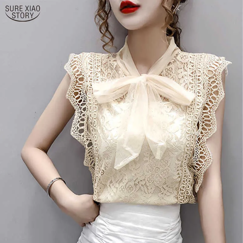 Solid Hollow Out Shirt Korean Fashion Clothing Vintage Sleeveless Summer Womens Tops and Blouses Lace Patchwork Blusas 9811 210527