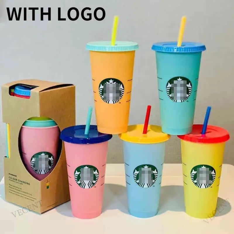 710 ml Kalte Farbwechsel Tasse Stroh Tassen Wiederverwendbare Kaffeetasse Tragbare Matte Kunststoff Wasser Becher Mit Deckel