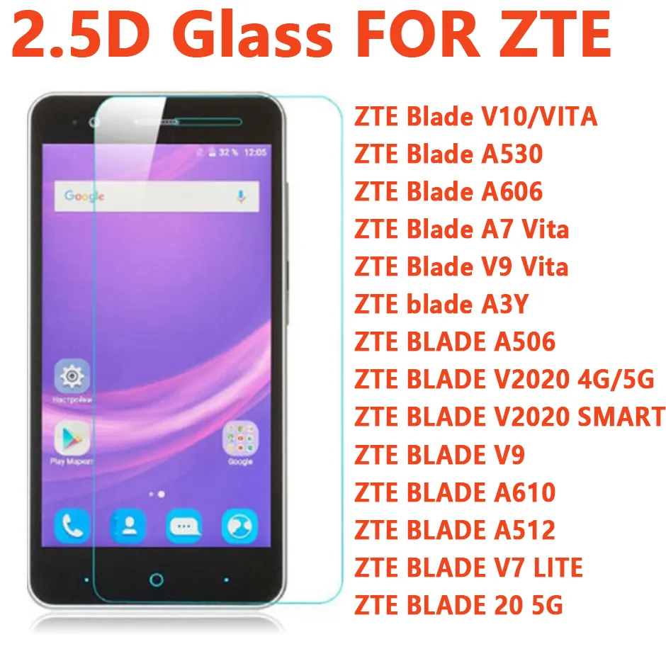 2.5D gehard glasbeschermer voor ZTE-mes V10 A530 A606 A7 VITA V9-VITA A3Y A506 V2020 Smart A610 A512 V7 Lite Blade-20 5G telefoonschermbeschermers