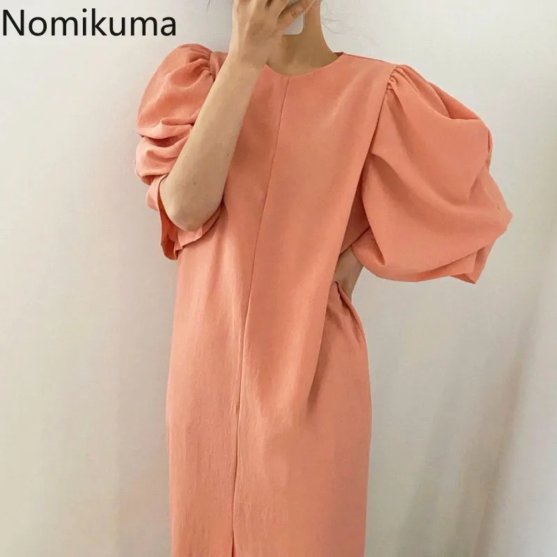 Nomikuma Robe Femme Vintage Robe à manches courtes Femmes O Cou Casual Loose Dresse Unicolor Split Design Arrivée Robes Mujer 210514
