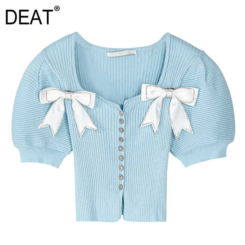 [DEAT] Summer Fashion Single-breasted Puff Sleeve Solid Color Diamonding Bow Square Collar Knitting Shirt 13Q089 210527