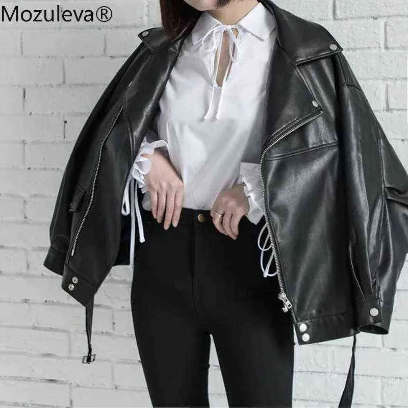 Mozuleva Höst Retro Soft Faux Leather Pu Jacka Kvinnor Lös Punk Coat Kvinna V Neckooto Biker Rivet Zipper Street Overcoat 211118