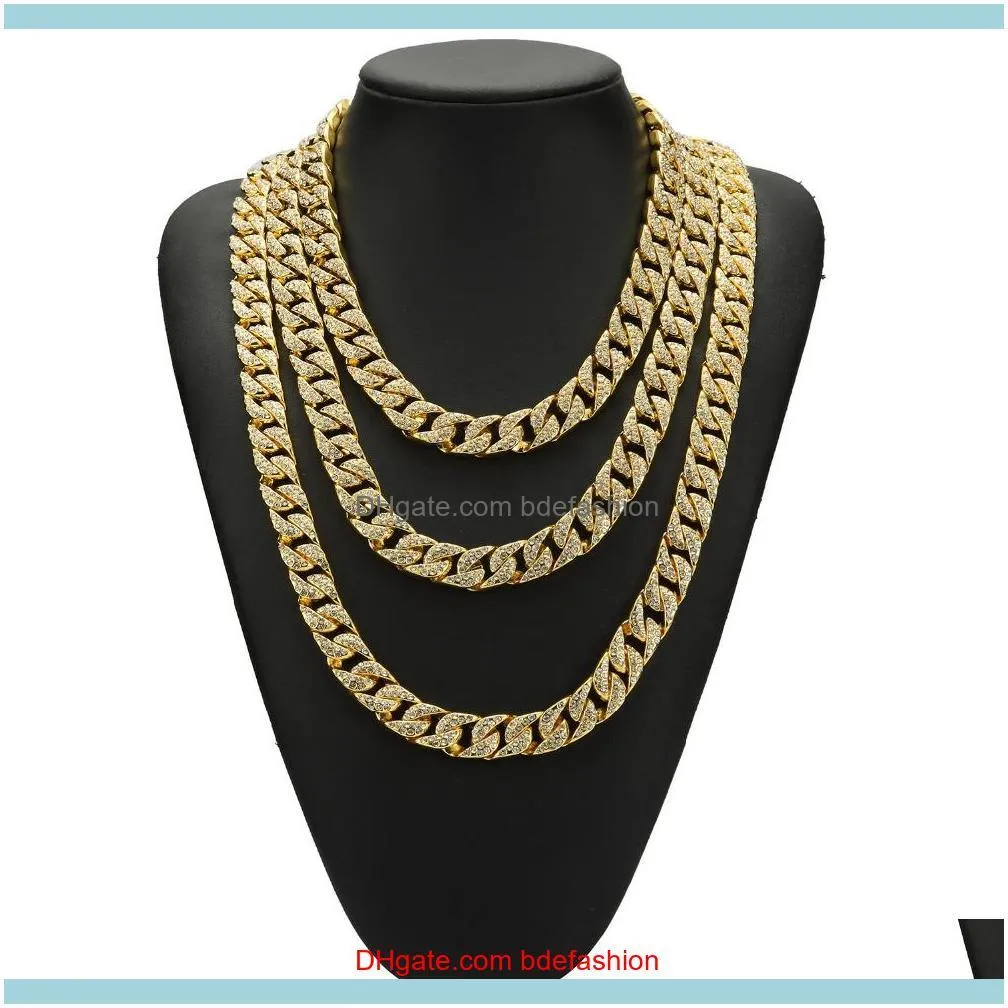 18/20/22/24/26/30inches Iced Out Bling Rhinestone Gold Silver  Cuban Link Chain Men Hiphop Necklace Jewelry