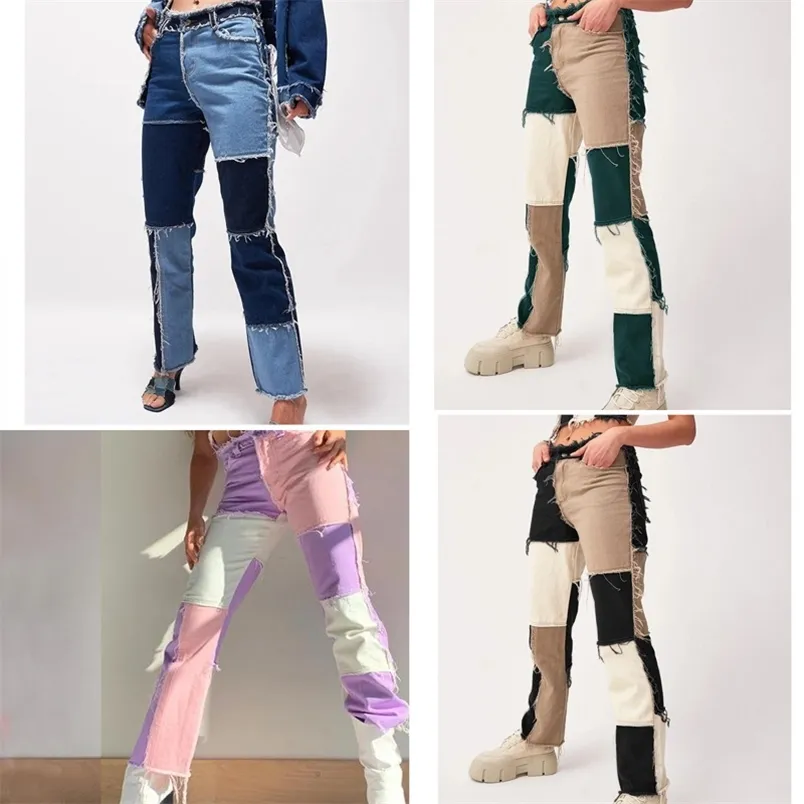 Różowy Patchwork Jeans Eestietic Streetwear Hippie Contrast Stitch Blue Spodnie Wysoka talia Casual Trudnowany 210517