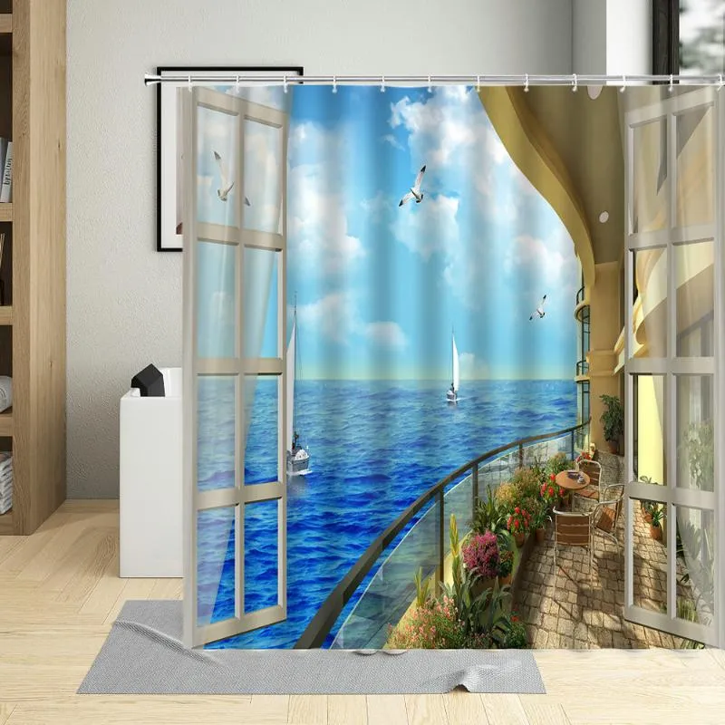シャワーカーテン防水ポリエステルファブリックバスルームカーテンシーガルビーチの風景窓ビューリビングルームの装飾用バスタブ