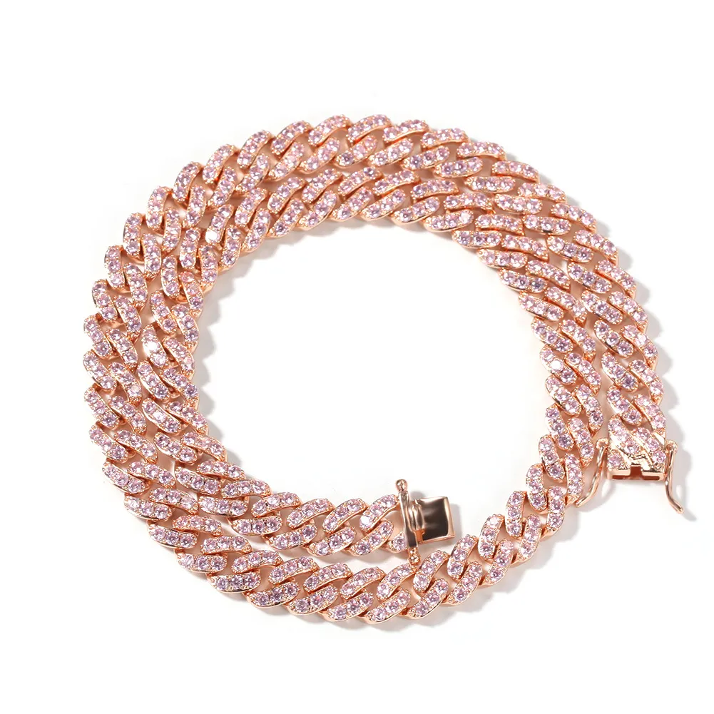 Iced Out Miami Cuban Link Chain Mens Gold Chains PINK Necklace Bracelet Fashion Hip Hop Jewelry 9MM