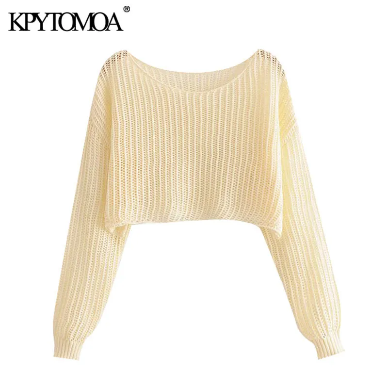 Kvinnor Sexig Fashion Hollow Out Loose Cropped Stickad Sweater Vintage O Neck Långärmad Kvinna Pullovers Chic Toppar 210416