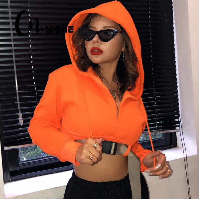 CNYISHE Winter Streetwear Lange Mouw Hoodies Vrouwen Mode Gesp Cropped Truien Tops Neon Oranje Dikke Truien 210419