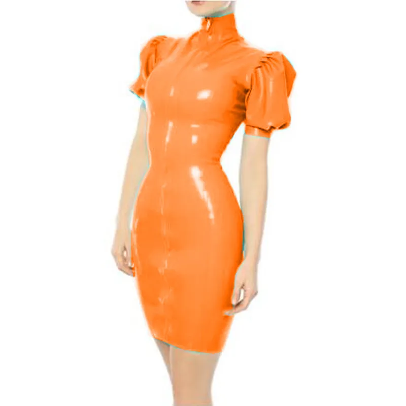PVC Mini Dress Sexy High Neck Short Puff Sleeve Bodycon Clubwear