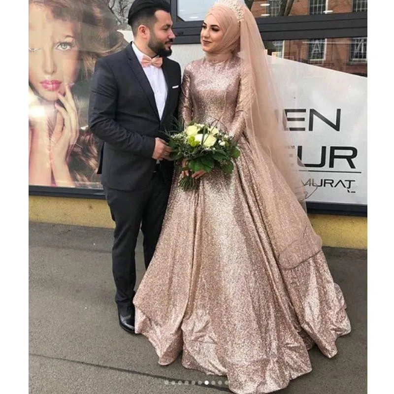 Gouden Arabisch roze sequine plus size moslim moslim high necy mouw dubai lange bruids trouwjurk vestido de novia custom made made