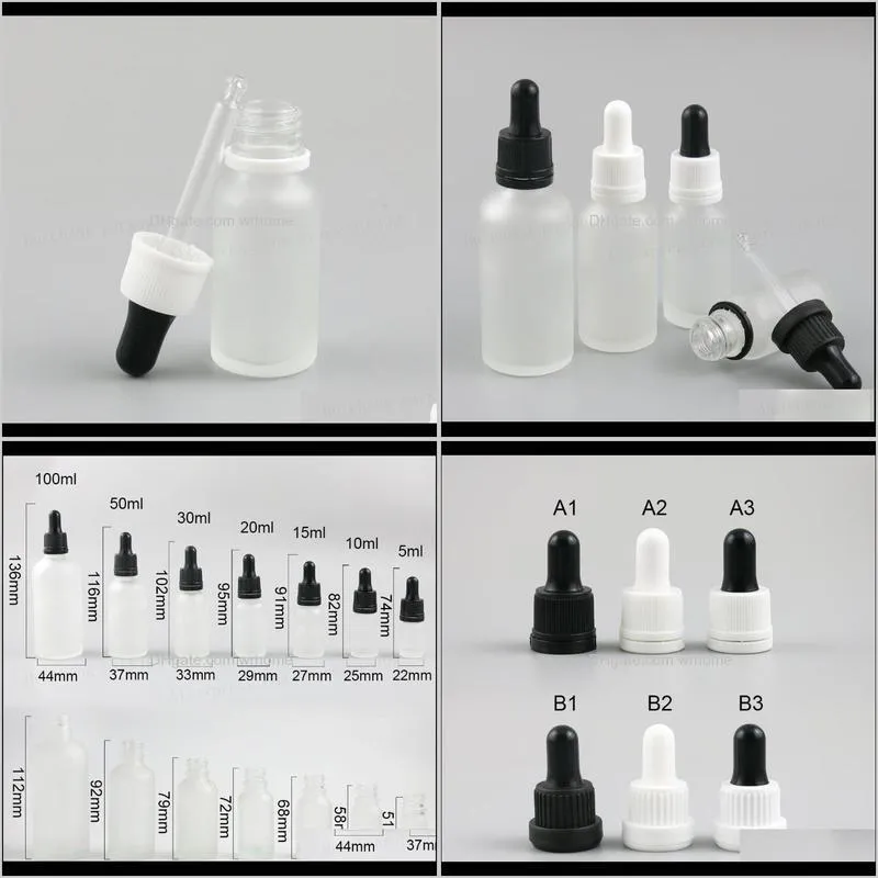 Empty Refillable Frost Glass E-liquid Dropper Bottles Oil Piepette Container 5ml 10ml 20ml 30ml 50ml 100ml Storage & Jars