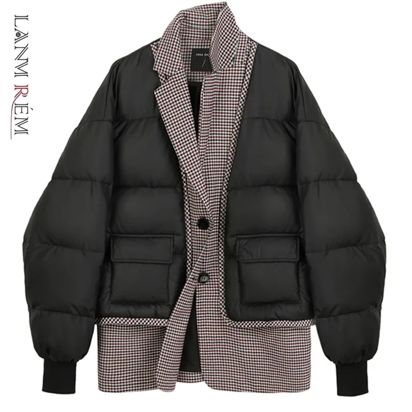 LANMREM Winter-Umlegekragen, kariertes Patchwork, einreihig, All-Match-Stree Wear, schwarze wattierte Baumwolljacke 2A2947 210923