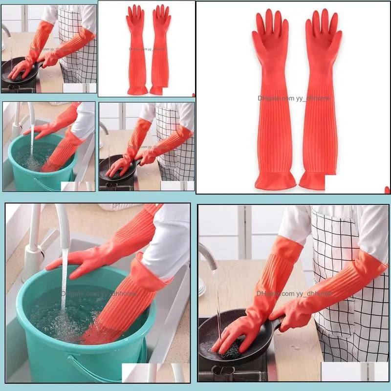 Extended kitchen dishwashing gloves durable rubber household wear resistant thickened waterproof household cleaning clothes Plush