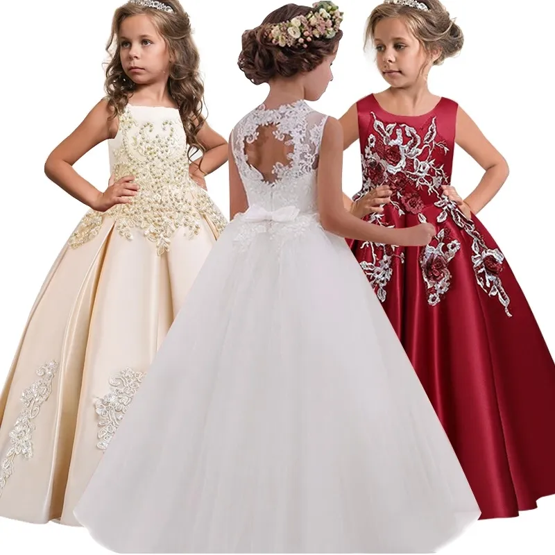 Nouvelle princesse dentelle enfants longue robe de broderie de fleurs pour les filles Pageant enfants formelle robe de bal robes de fête de mariage 210317