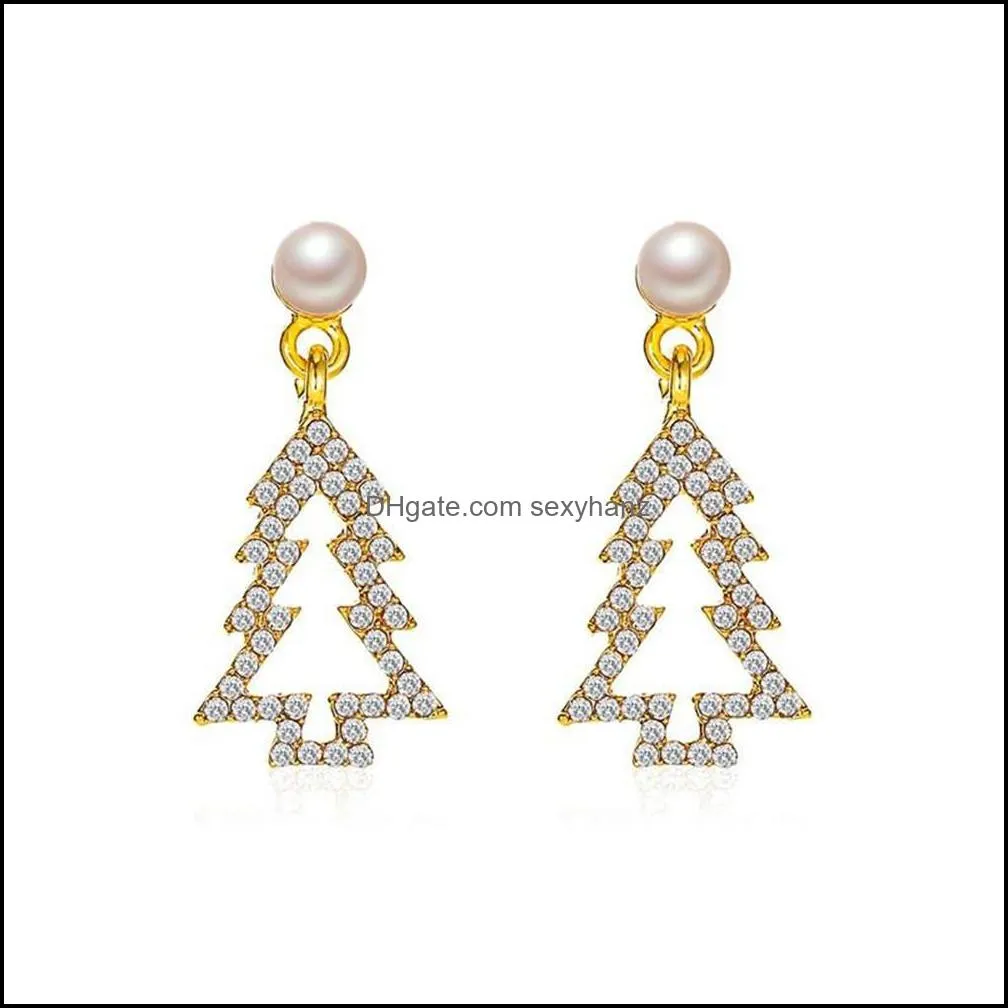 Christmas Tree Diamond Stud Earrings Women Hollow Out Pine Pearl Ear Drop Female Anniversary Party Gift Gold Dangle Earring Jewelry Accessories