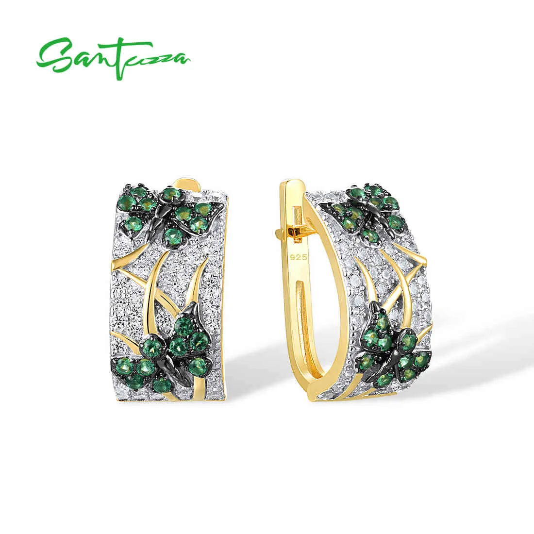 SANTUZZA Authentic 925 Sterling Silver Earrings For Women Green Spinel Butterfly Animal Gold Plated Wedding Gift Fine Jewelry