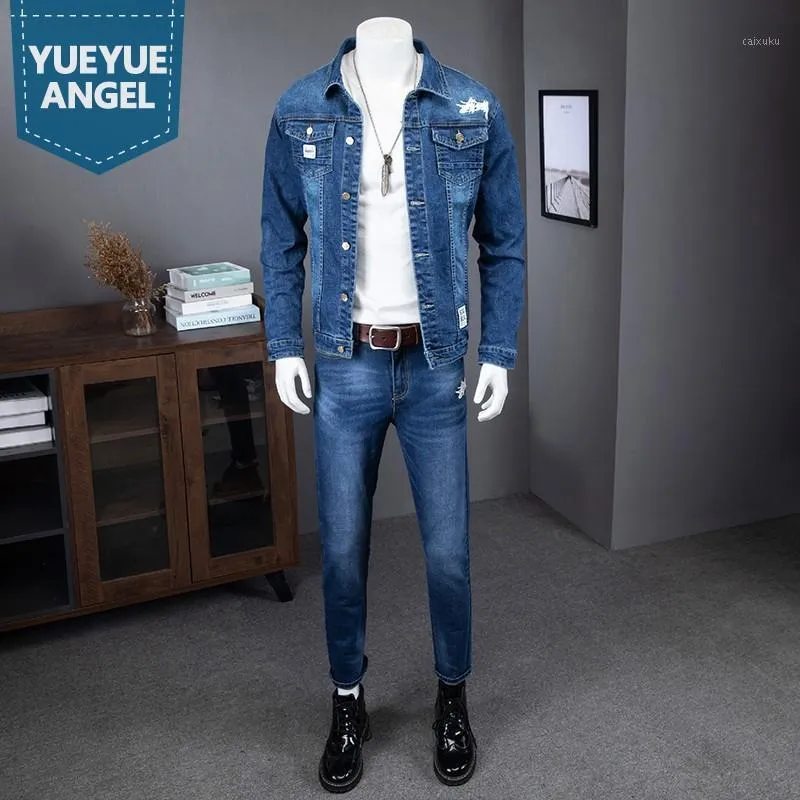 Conjuntos de duas peças de cowboy homens slim fit jaqueta jeans jeans conjunto de correspondência de carga casual streetwear homem primavera outono bordado roupas faixas masculinas