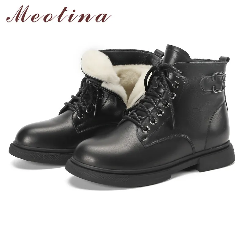 Meotina Natural Wool Fur Real Leather Platform Flats Ankle Boots Women Motorcycle Boots Shoes Buckle Zip Cross Tied Short Boots 210520