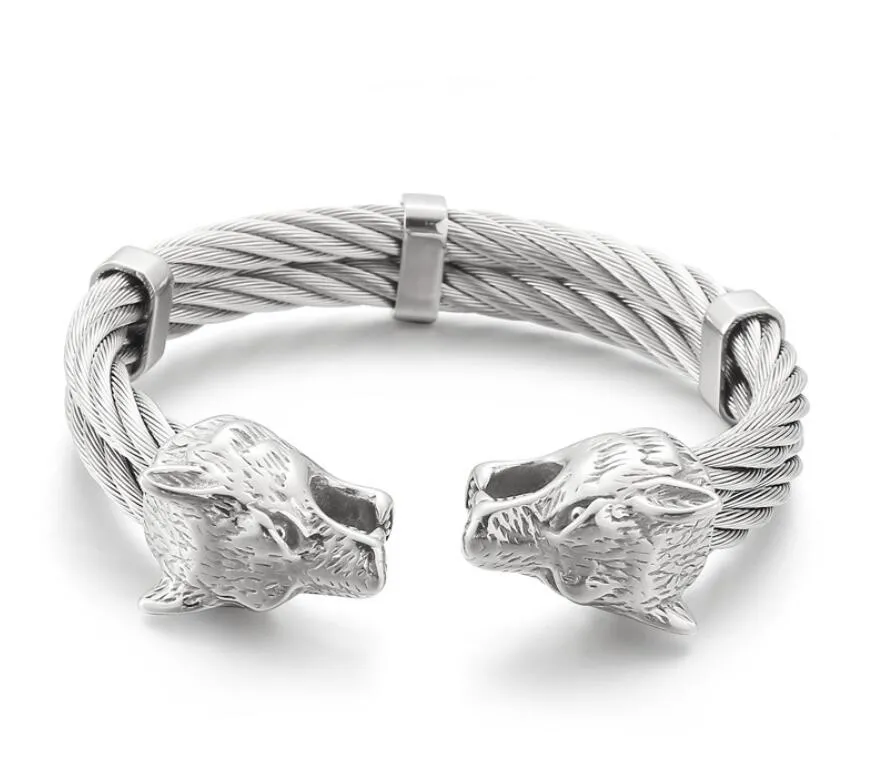 Mens Justerbart Armband Rostfritt Stål Twisted Cable Cuff Bangle With Vintage Biker Wolf Head End 86g Inner 12mm 65mm