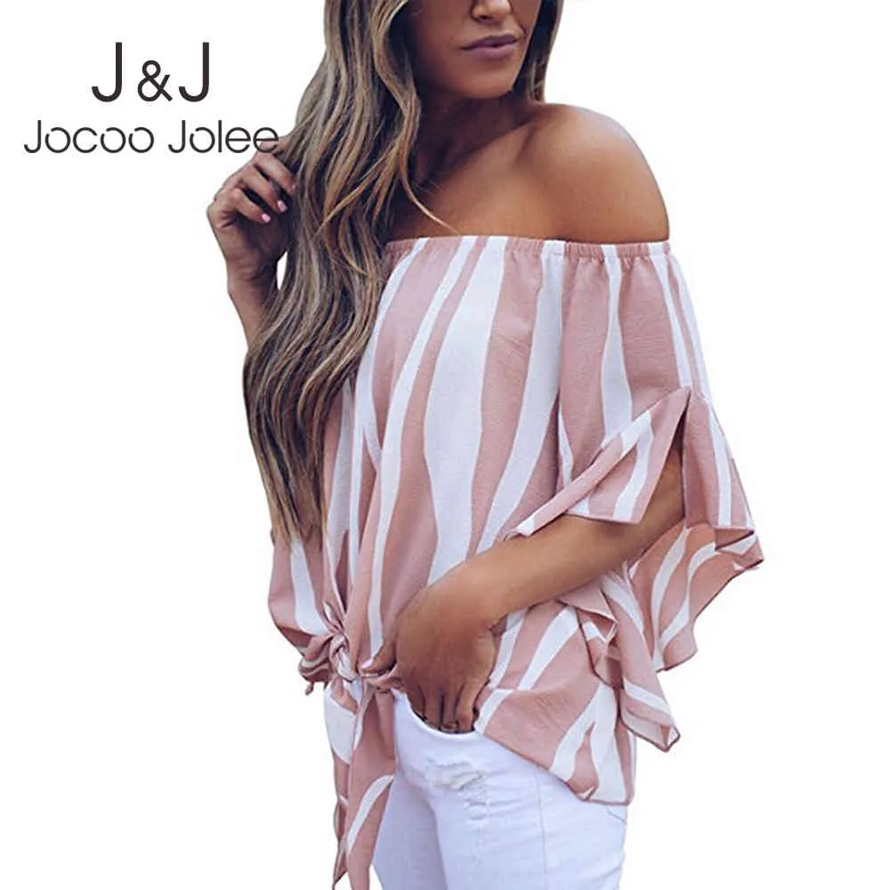Summer Off Shoulder Blouse Sexy Striped Women Tops and Blouses Ladies Beach Lace Up Bow Shirt Tee Flare Sleeve 210518