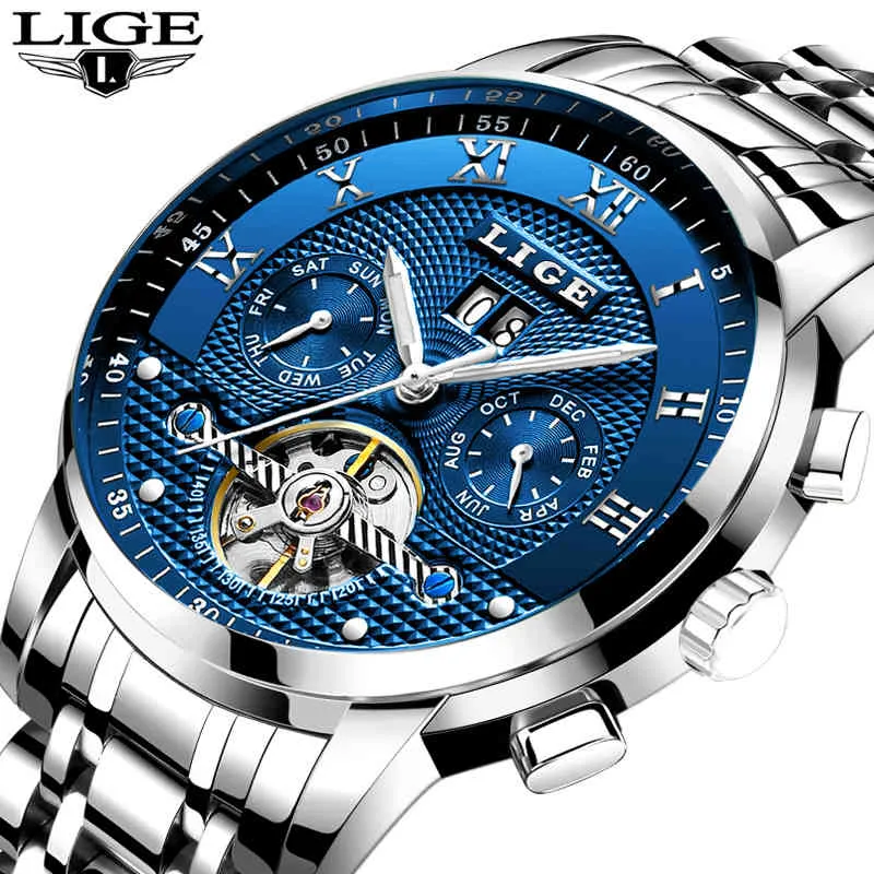 Lige Mens Watches Top Brand Luxury Automatic Mechanical Watch Men Full Steel Business Waterproof Sport Watches Relogio Masculino Q0524