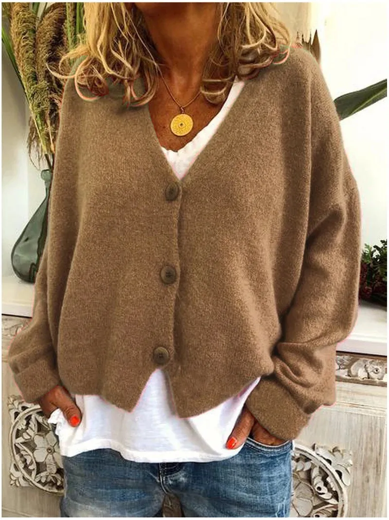 Dzianiny Batwing Rękaw Podgrupowane Cardigans Kobiety Jesień Zimowy Przycisk Plus Size Khaki Cardigans Casual Topy 210415