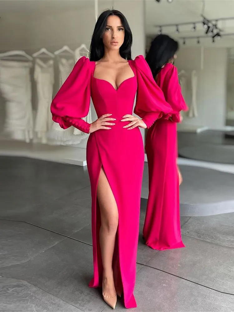 Fuchsia Sexy Side Split Robes De Soirée Chérie Manches Longues Bouffantes Bouton Formelle De Bal D'anniversaire Occasion Spéciale Robes De Fête